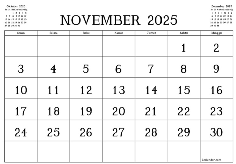Bulan November 2025 tidak memiliki hari libur nasional atau cuti bersama. Masyarakat hanya menikmati libur akhir pekan. (Foto: Istimewa)
