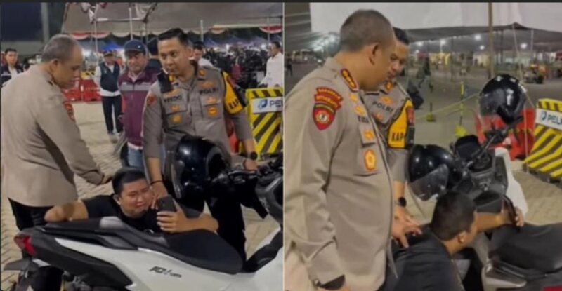 Pemudik motor menangis di Pelabuhan Ciwandan, Cilegon, Banten, setelah mendapat kabar ibunya meninggal dunia saat antre kapal menuju Sumatera.(Foto: Istimewa)