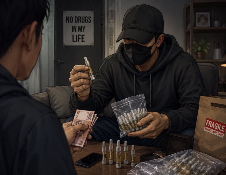 Polisi menggerebek apartemen di Kabupaten Tangerang dan menyita 183 cartridge liquid etomidate dari pelaku berinisial W. (Foto: Chatgpt/Aktual Tangerang/Ilustrasi)