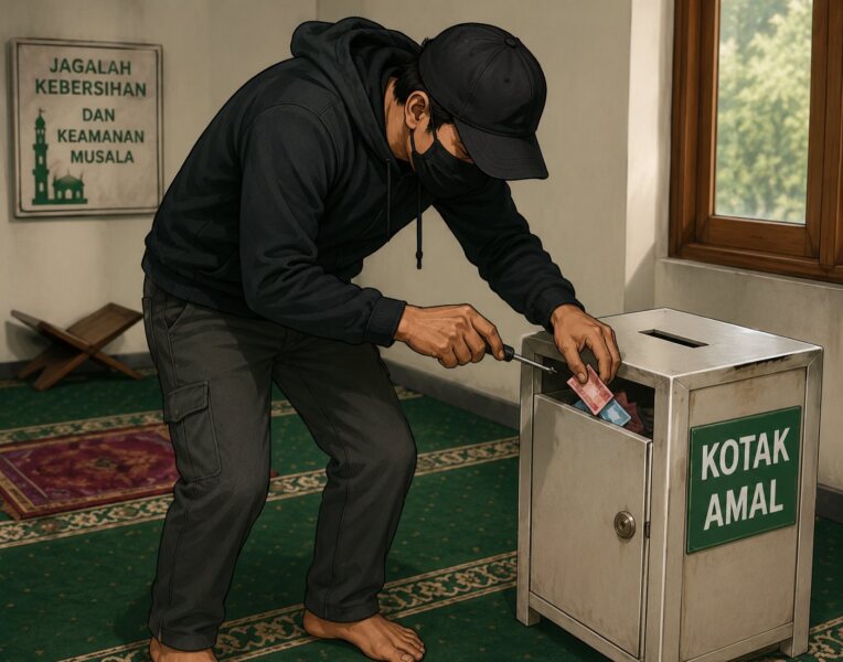 Pelaku pencurian kotak amal di Pesanggrahan ditangkap warga setelah berpura-pura shalat sebelum beraksi di musala. (Foto: Chatgpt/Aktual Tangerang/Ilustrasi)