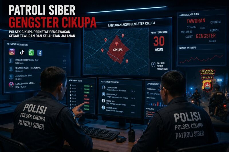 Polsek Cikupa memantau 30 akun gengster melalui patroli siber usai tawuran berdarah yang melukai remaja di Talagasari. (Foto: Chatgpt/Aktual Tangerang/Ilustrasi)