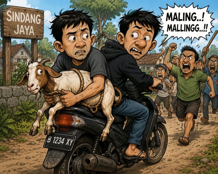 Dua pria diduga mencuri kambing di Sindang Jaya, Tangerang, diamuk massa hingga motornya dibakar warga. (Foto: Chatgpt/Aktual Tangerang/Ilustrasi)