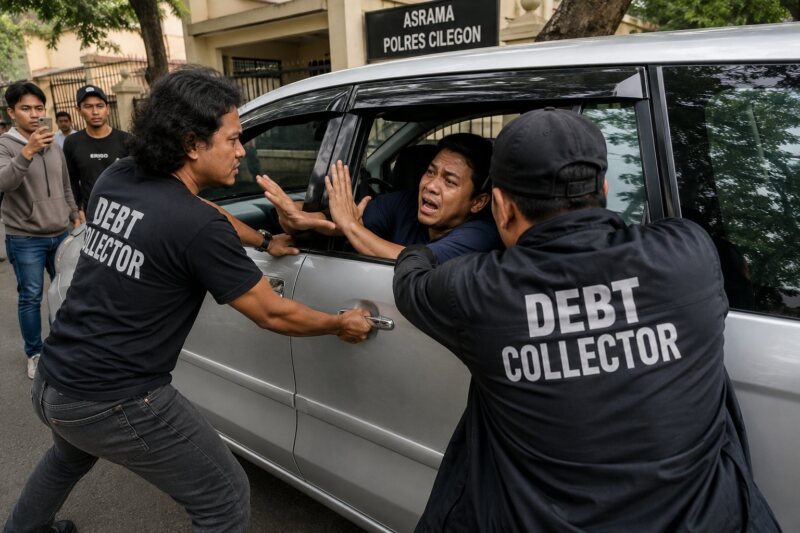 Polisi menetapkan dua debt collector sebagai tersangka usai dugaan perampasan mobil di Asrama Polres Cilegon viral di media sosial. (Foto: Chatgpt/Aktual Tangerang/Ilustrasi)