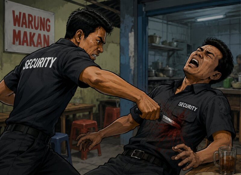 Seorang sekuriti di Kelapa Dua, Tangerang, menusuk rekan kerjanya hingga kritis. Pelaku ditangkap dan terancam lima tahun penjara. (Foto: Chatgpt/Aktual Tangerang/Ilustrasi)
