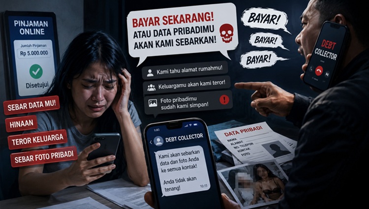 ILUSTRASI - Debt Colletctor pinjol menagih utang dengan ancaman penyebaran data pribadi. Negara menyita aset hasil kejahatan senilai Rp14,26 miliar. (Foto: Chatgpt/Aktual Tangerang)