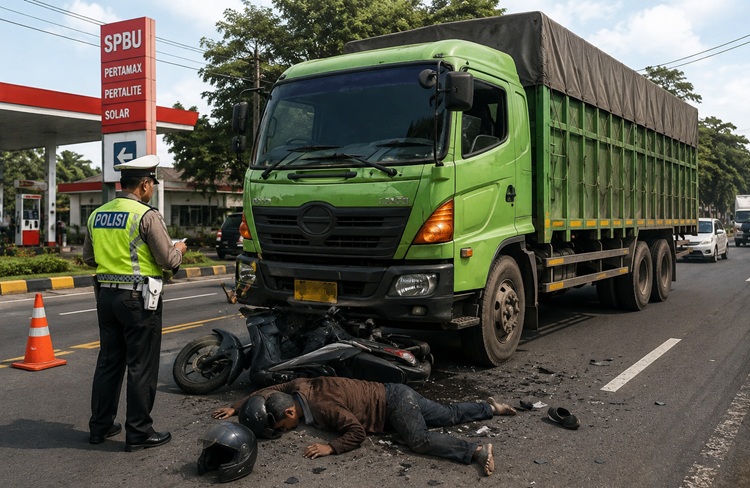 ILUSTRASI - Seorang pemotor tewas setelah bertabrakan dengan truk di Jalan Raya Serang KM 27, Balaraja. Polisi masih menyelidiki penyebab pasti kecelakaan. (Foto: Chatgpt/Aktual Tangerang)